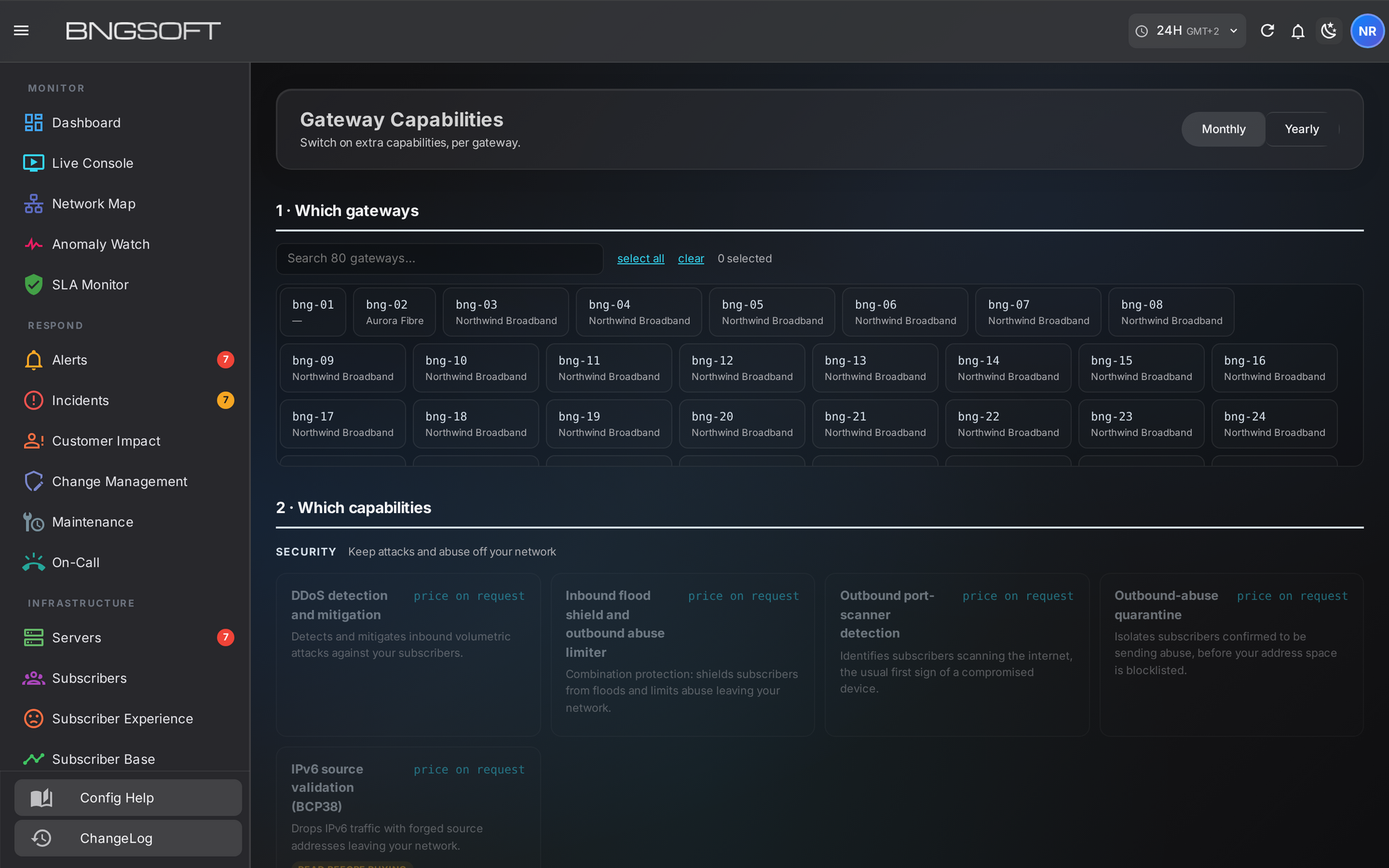 NOC2 Gateway Capabilities page: select gateways, then choose which capabilities to enable on them.