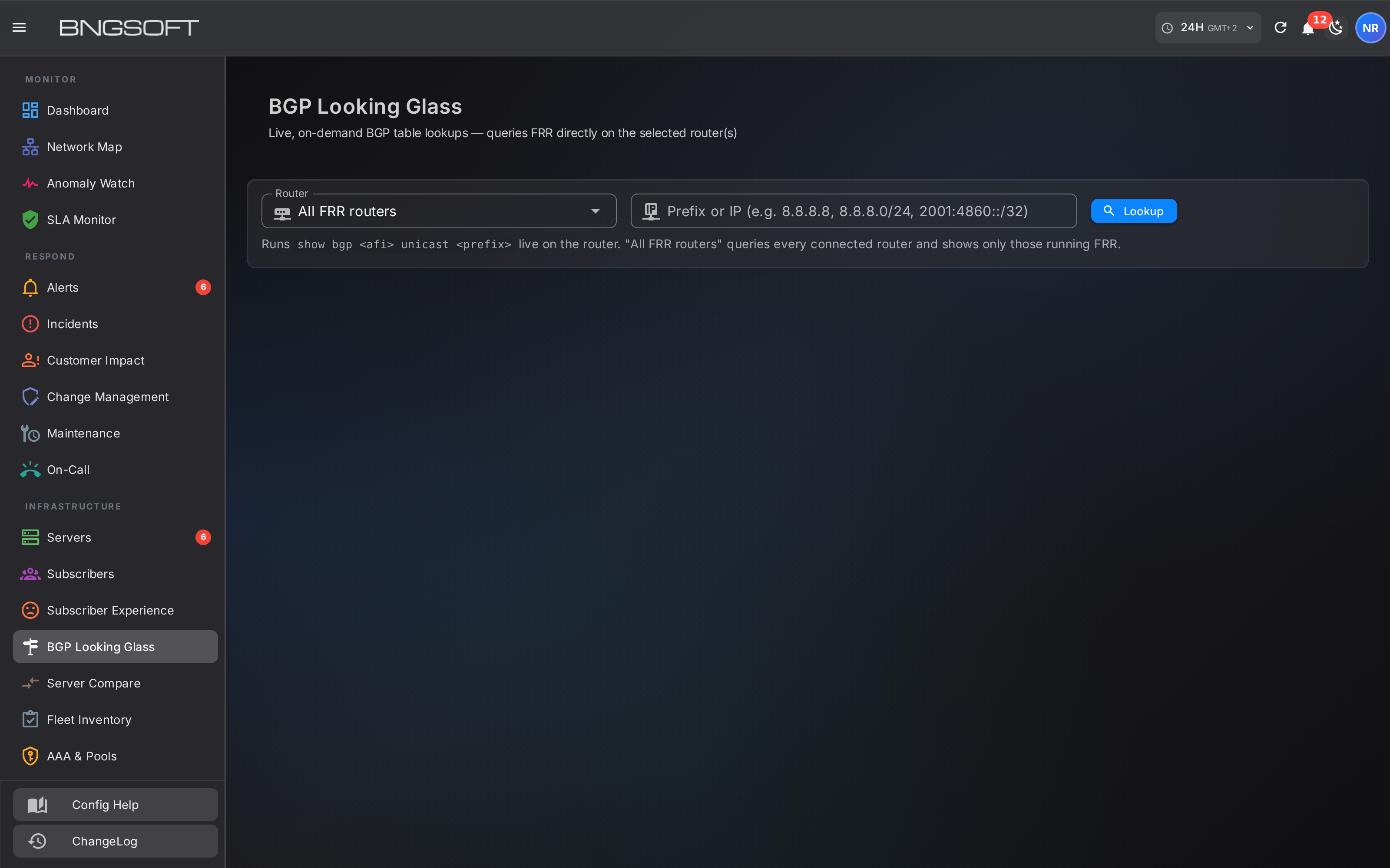 BGP looking glass: peer sessions per gateway with state, prefixes received and uptime