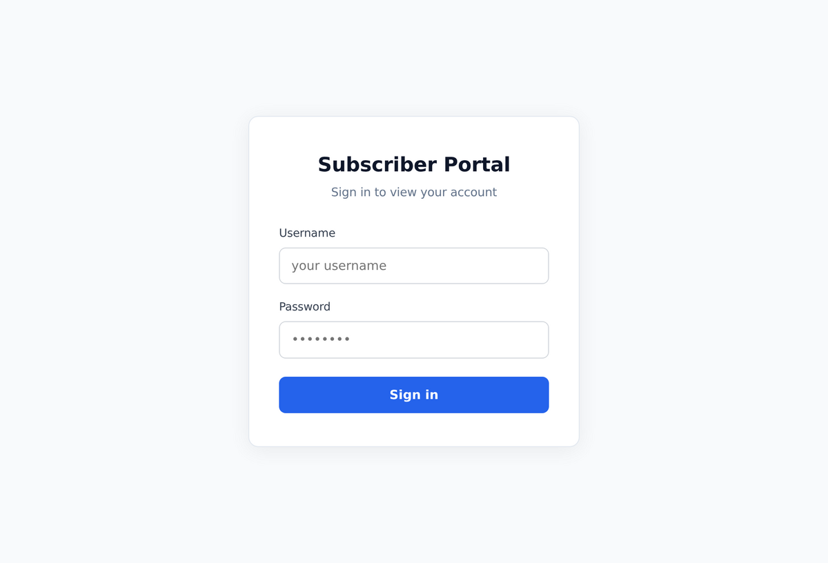 The subscriber portal sign-in page: a simple username and password form.